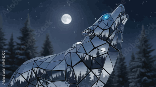 Stunning geometric wolf sculpture howls under starry night sky