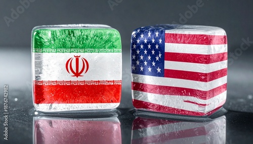 Iran–USA ice cubes collide in symbolic frosty diplomatic tension.