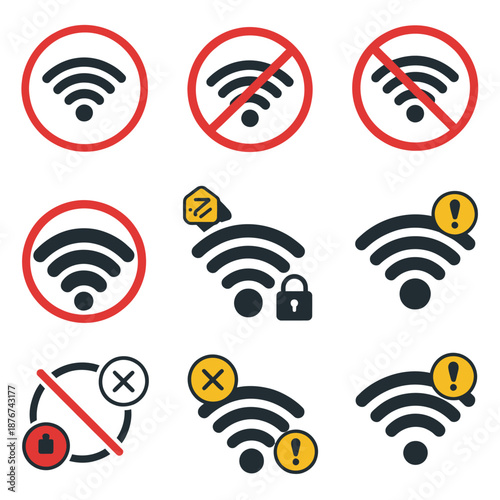 Wifi icon set, featuring multiple signal strength levels, wireless internet connection symbols, vector illustration,