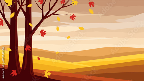 Autumn trees with falling leaves in vibrant landscape Autumn.