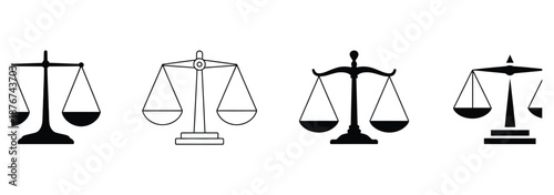 Set of four black and white scales icons for law and justice concepts