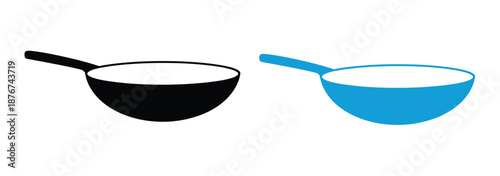 Two frying pans in black and blue on white background for cooking