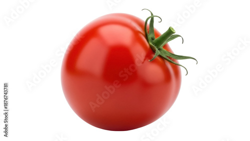 Ripe red tomato isolated PNG on transparent background, fresh vegetable with green stem and leaves for healthy eating and cooking