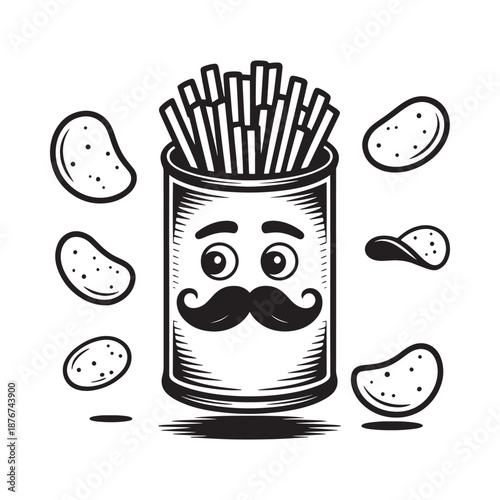 Cartoon can of french fries with a smiling face and potato chips