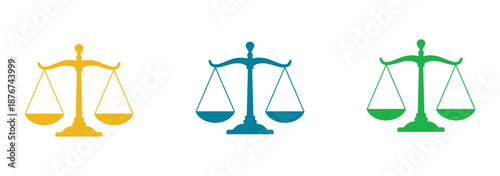 Three colorful scales of justice icons in yellow, blue, and green hues