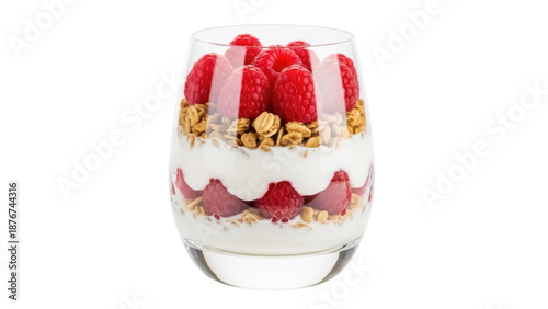 Delicious raspberry parfait with granola and yogurt isolated PNG, healthy breakfast dessert for diet and nutrition on transparent background