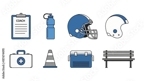 Sports Team Equipment Collection Set Including Helmet Clipboard Water Bottle First Aid Kit Cooler Bench and Traffic Cone For Training And Practice