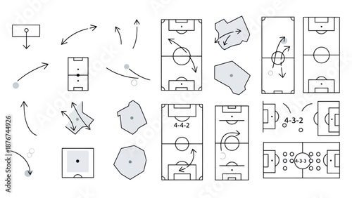 Collection of Stylized Football Field Diagrams and Play Movement Arrows for Sports Strategy Analysis and Game Planning