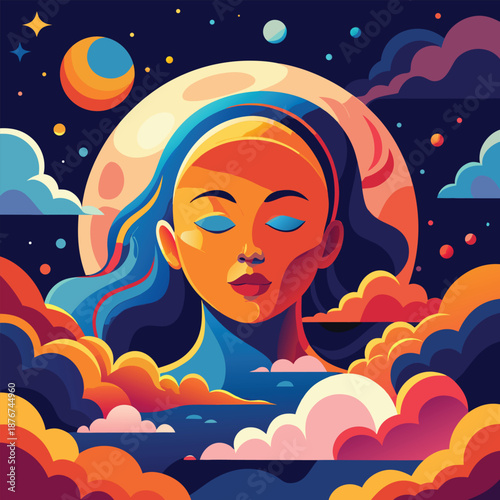 Smiling girl with flowing hair sitting on the moon under a starry night sky in a beautiful cartoon illustration
