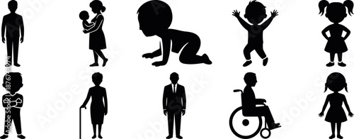 Children activity icon set showing kids playing, learning and daily actions in clean flat silhouette vector, perfect for education, school apps, posters and infographics, children lifestyle silhouette