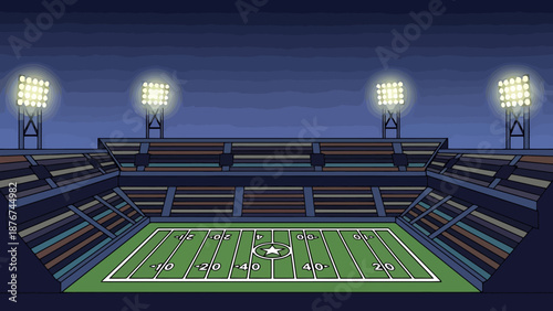 Illuminated Football Field Stadium At Night With Empty Bleachers Under Dark Blue Sky Ready For Game Day Competition Event