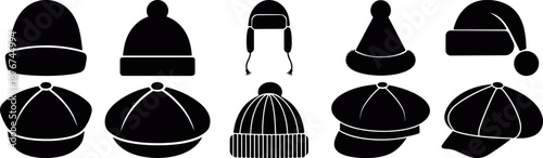 Winter hat icon collection featuring wool caps, beanies and warm headwear silhouettes in flat vector, knit cap beanie winter hat silhouette icons, winter clothing headwear silhouette collection