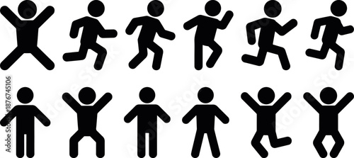 Kids activity silhouette icon set showing running, jumping and playful movements in flat vector, children playing silhouette people icons collection, child movement silhouette figures isolated