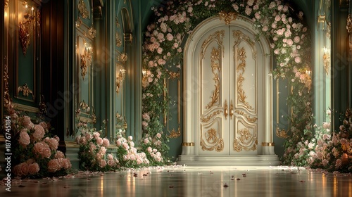 Opulent doorway adorned with flowers in a grand hall.