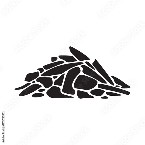A pile of dark irregularly shaped rocks and stone fragments depicted in black