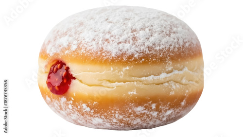 Photos Powdered sugar jelly donut isolated PNG, sweet pastry with red jam filling on tr