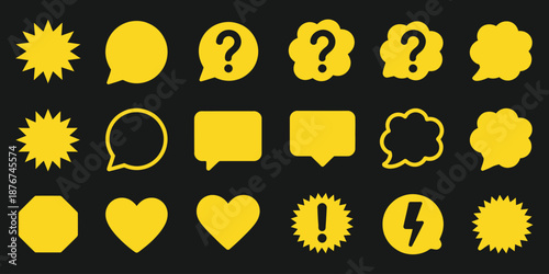 Yellow comic style speech bubbles and symbols black, including dialogue clouds, narration elements, comic text decorations, cartoon communication icons, vector illustration for comic books, cartoons, 
