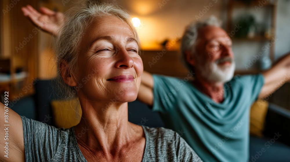 Fototapeta premium A senior couple practices mindful stretching in their living room, fostering health and relaxation together in their golden years. 