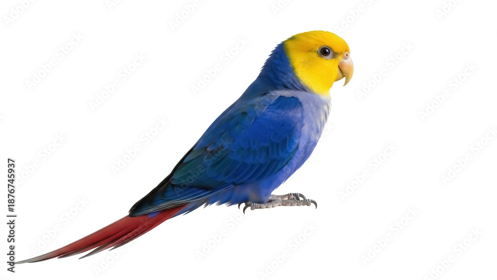 Obraz premium Colorful blue and yellow regent parrot PNG isolated on transparent background, Australian bird with red tail for design projects