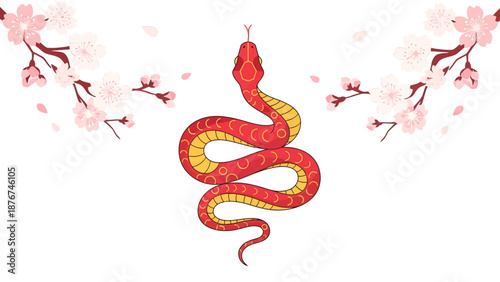 A vibrant red and yellow coiled snake illustration with delicate pink cherry blossoms on a white background.