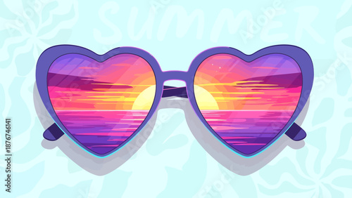 Heart-shaped sunglasses reflecting a vibrant summer sunset over the sea on a light blue background.