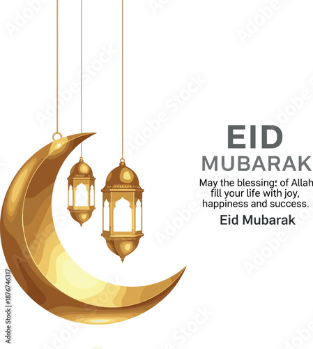 Eid Mubarak greeting with golden crescent moon and hanging lanterns vector illustration
