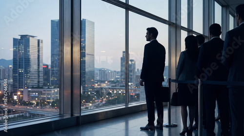 Business people standing in a queue looking at city skyline. Professionals in suits waiting in line by office window at twilight. Corporate travel and future vision concept