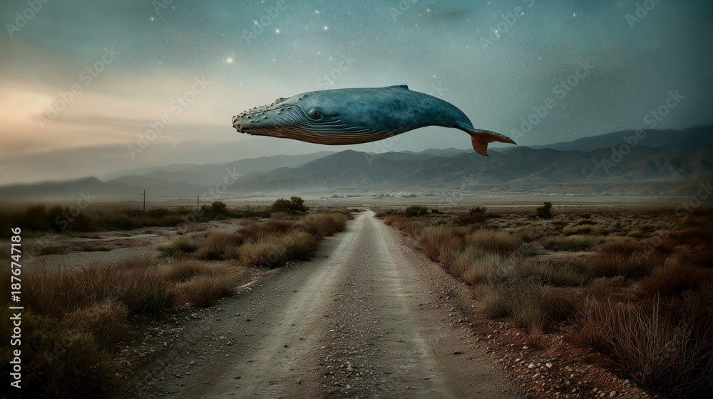 Naklejka premium A surreal scene unfolds as a whale gracefully floats above a deserted dirt road, blending fantasy and reality under a starry sky.