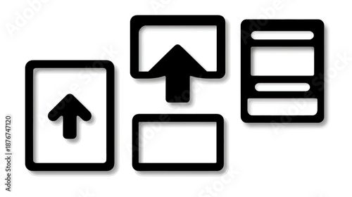 Black upload and export icons set for digital data transfer, web design, mobile UI, and file management applications