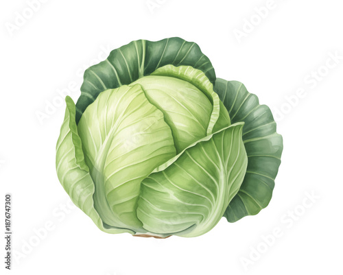Organic cabbage head in soft watercolor wash.