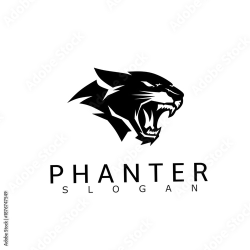 A modern black panther head logo with an aggressive roaring expression, designed in bold monochrome style for branding, sports teams, clothing, or corporate identity