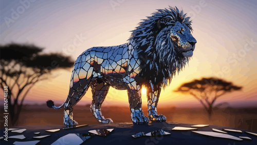 Majestic mosaic lion sculpture standing proudly at sunset