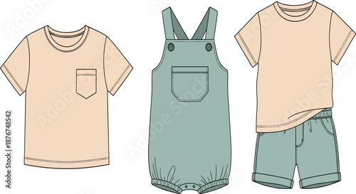 Oversized White T-Shirt Sage Green Pocket Tee Cream Cable Knit Sweater and Kids Romper Technical Flat Sketch Fashion Design Bundle