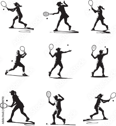 Silhouettes of tennis players on checkered background set of various poses sport