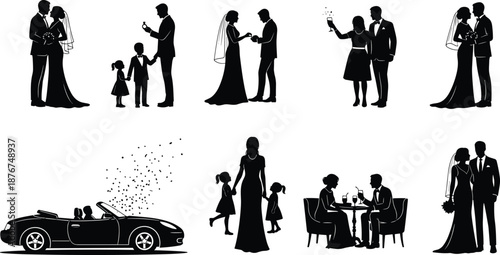 Wedding couple silhouette icons bride groom marriage celebration family luxury car toast dinner black vector illustration isolated