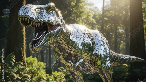 Mirrored T-Rex sculpture roars in lush forest with sunlight