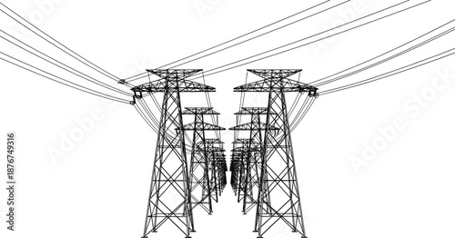 A perspective view of multiple electricity transmission towers and power lines Keywords: power line, electricity, transmission