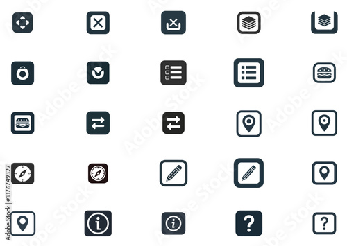 Collection of interface icons on a white background, illustrating various digital elements and tools.