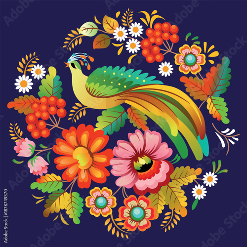 Folk Art Illustration with Magic Firebird and Bright Floral Ornament, Slavic Style Decorative Composition on Dark Background