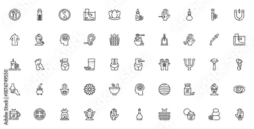 Alternative Medicine icon set. Vector illustrations of fasting, acupuncture, yoga, aromatherapy, herbal remedies and more holistic wellness symbols.