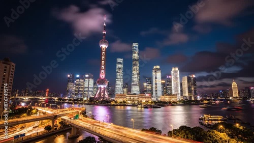 Wallpaper Mural Shanghai Skyline at Dusk: Modern Skyscrapers, Oriental Pearl Tower, Huangpu River Torontodigital.ca