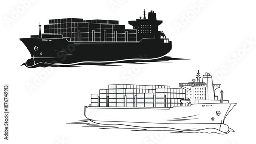 Black and white illustration of a large container ship at sea