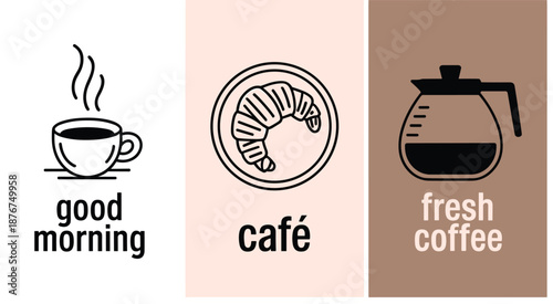 Three panels with coffee cup, croissant, and coffee pot on beige and brown backgrounds steam good morning