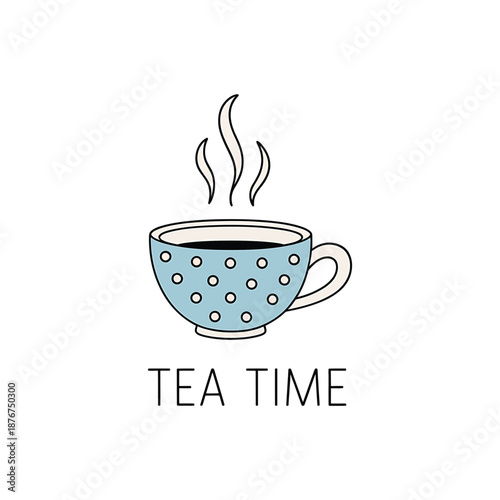 a blue tea cup with white polka dots and steam rising