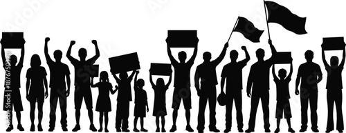 Protest crowd silhouettes with men women and children holding banners flags demonstration activism black vector illustration