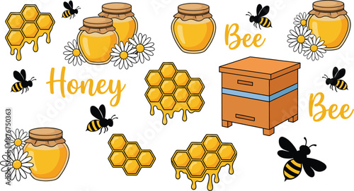 Bee and honey icon set, colorful vector illustrations, beekeeping theme, nature graphics, honeycomb and flower design, apiary elements