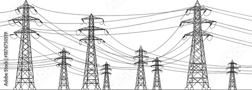 Black and white line drawing of multiple electricity pylons and power lines transmission towers high voltage