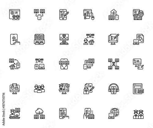 Online Education icon set. Vector illustration pack. Includes symbols for elearning, online library, smartphone, cloud storage, audiobook, teacher, student, lecture, test and more.