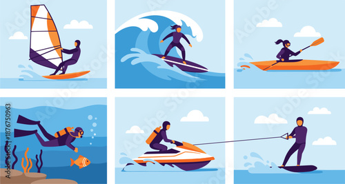 Set of flat vector illustrations for water sports including windsurfing surfing kayaking scuba diving jet skiing and wakeboarding.