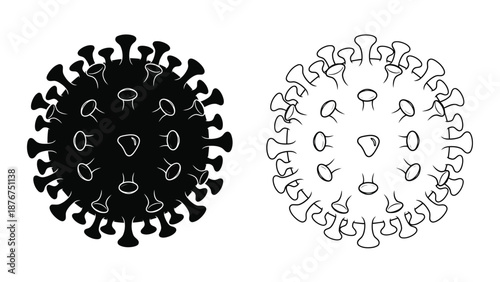 Illustrative depictions of coronavirus structures in black and white line art